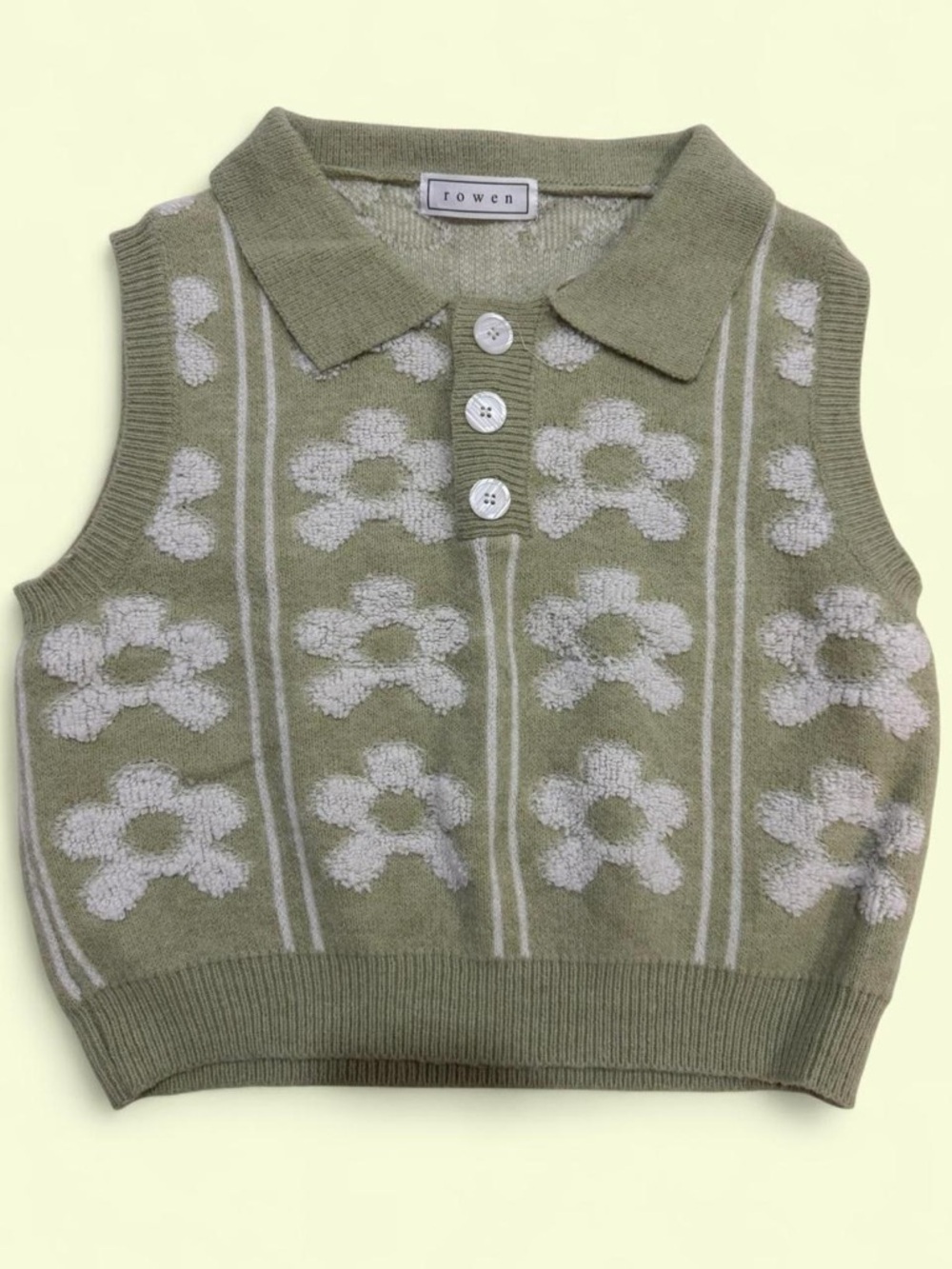 Olive & Cream Floral Knit Polo Vest
